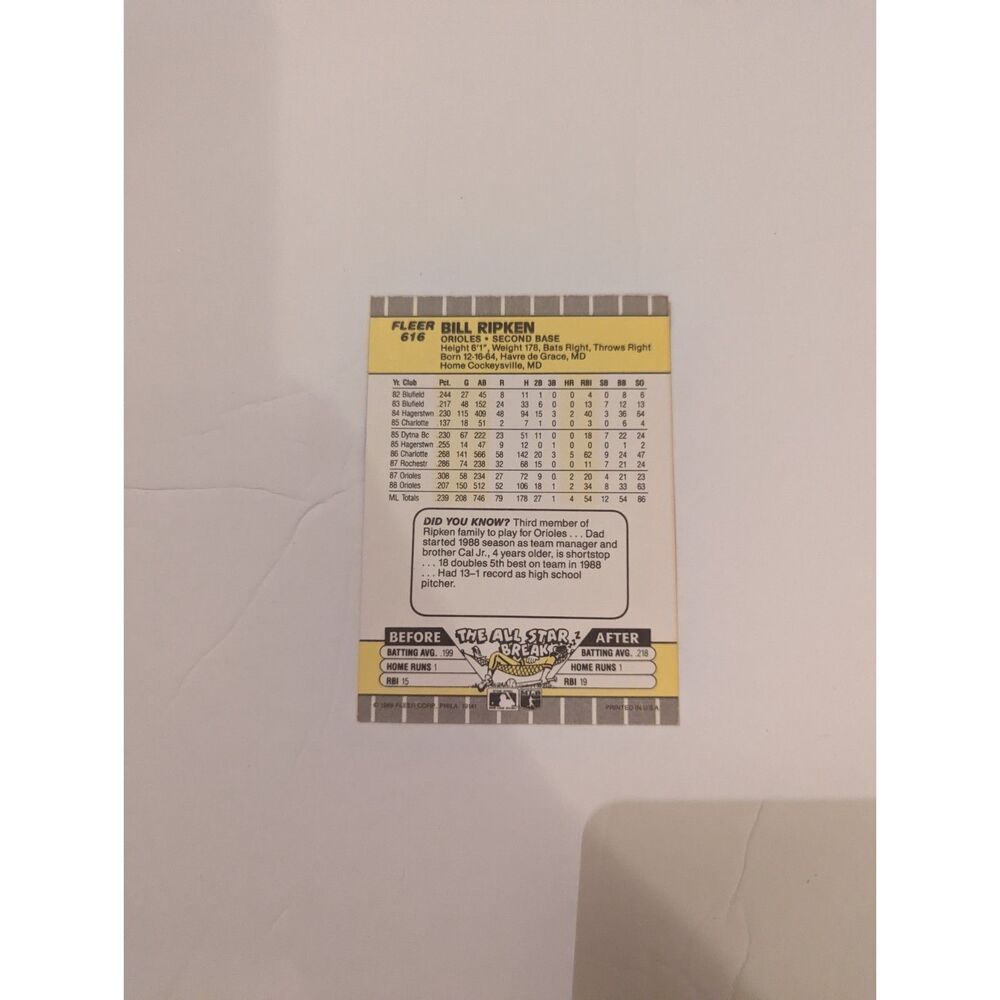 1989 Fleer- #616 Bill Ripken Baltimore Orioles 2nd base Card - Picture 2 of 2